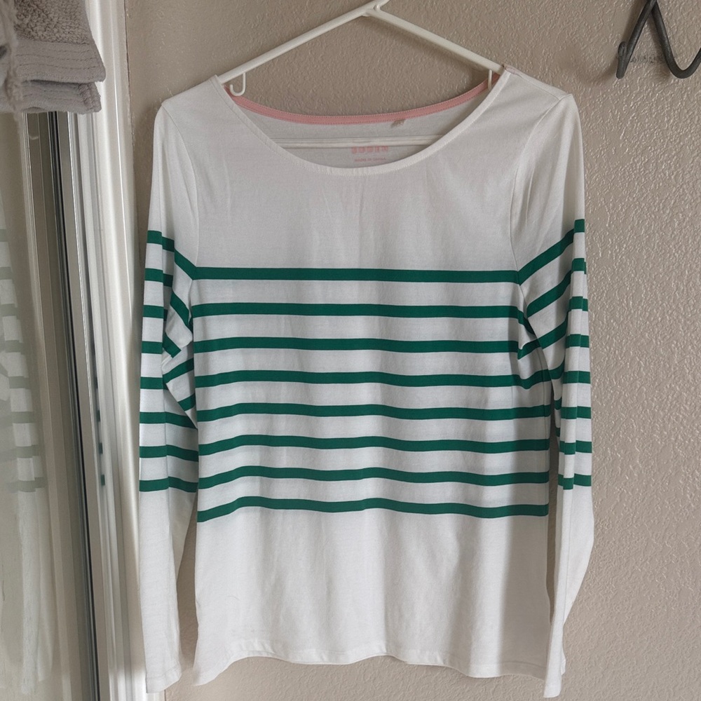 Boden White and Green Striped Top